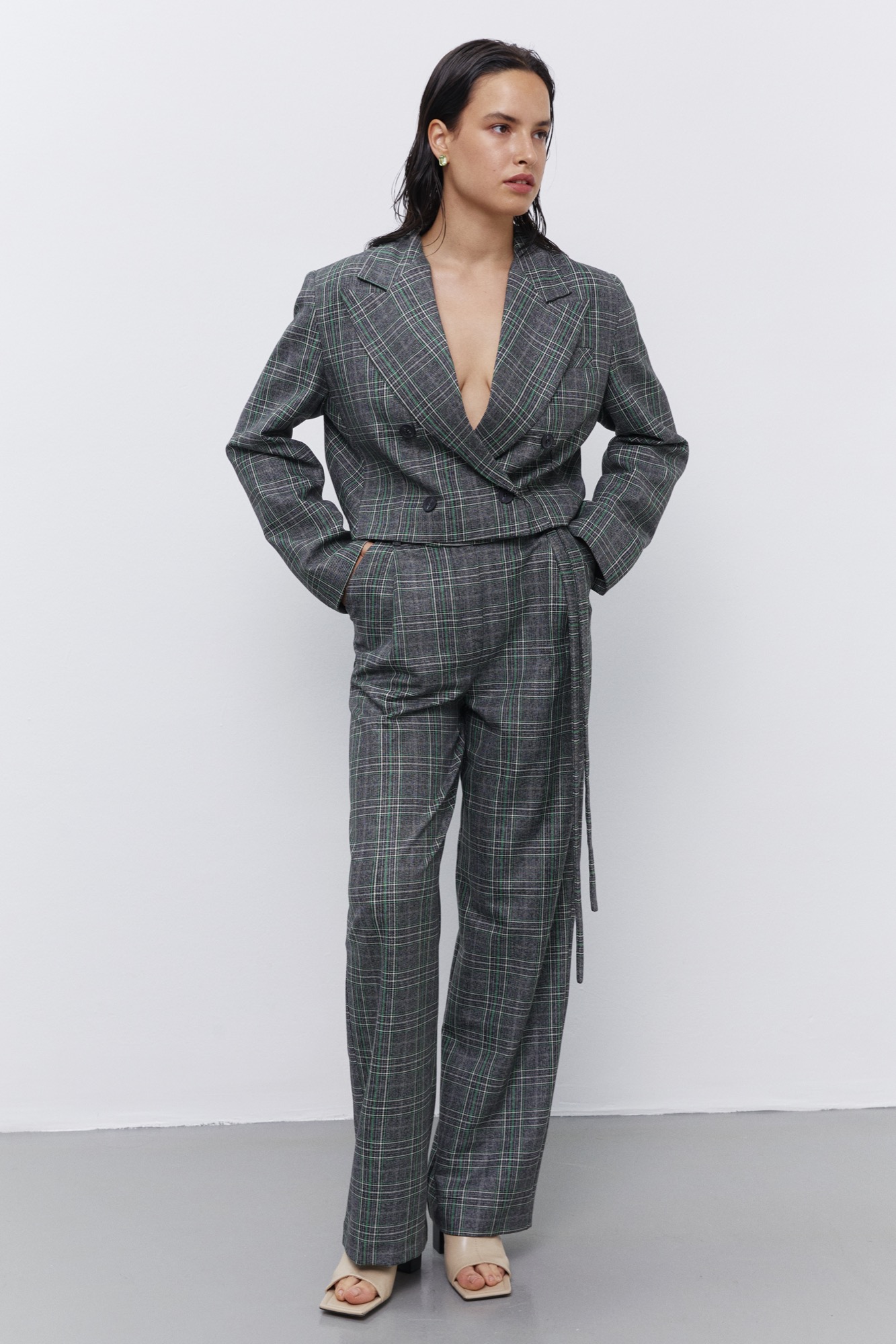 Ekose Crop Blazer - Ekose Palazzo Pantolon