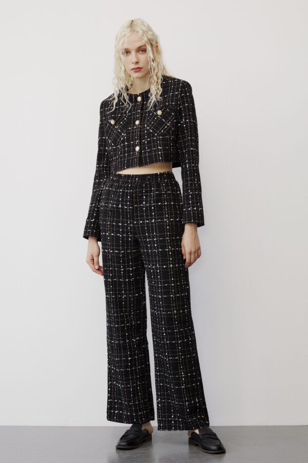 Chanel Crop Ceket - Ekose Bol Kesim Pantolon