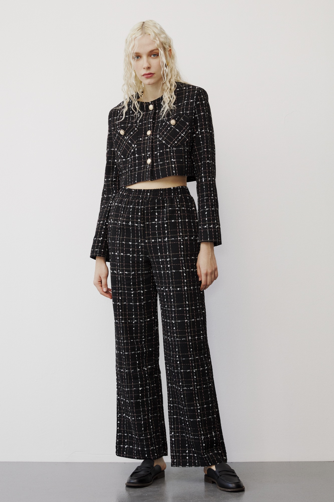 Chanel Crop Ceket - Ekose Bol Kesim Pantolon