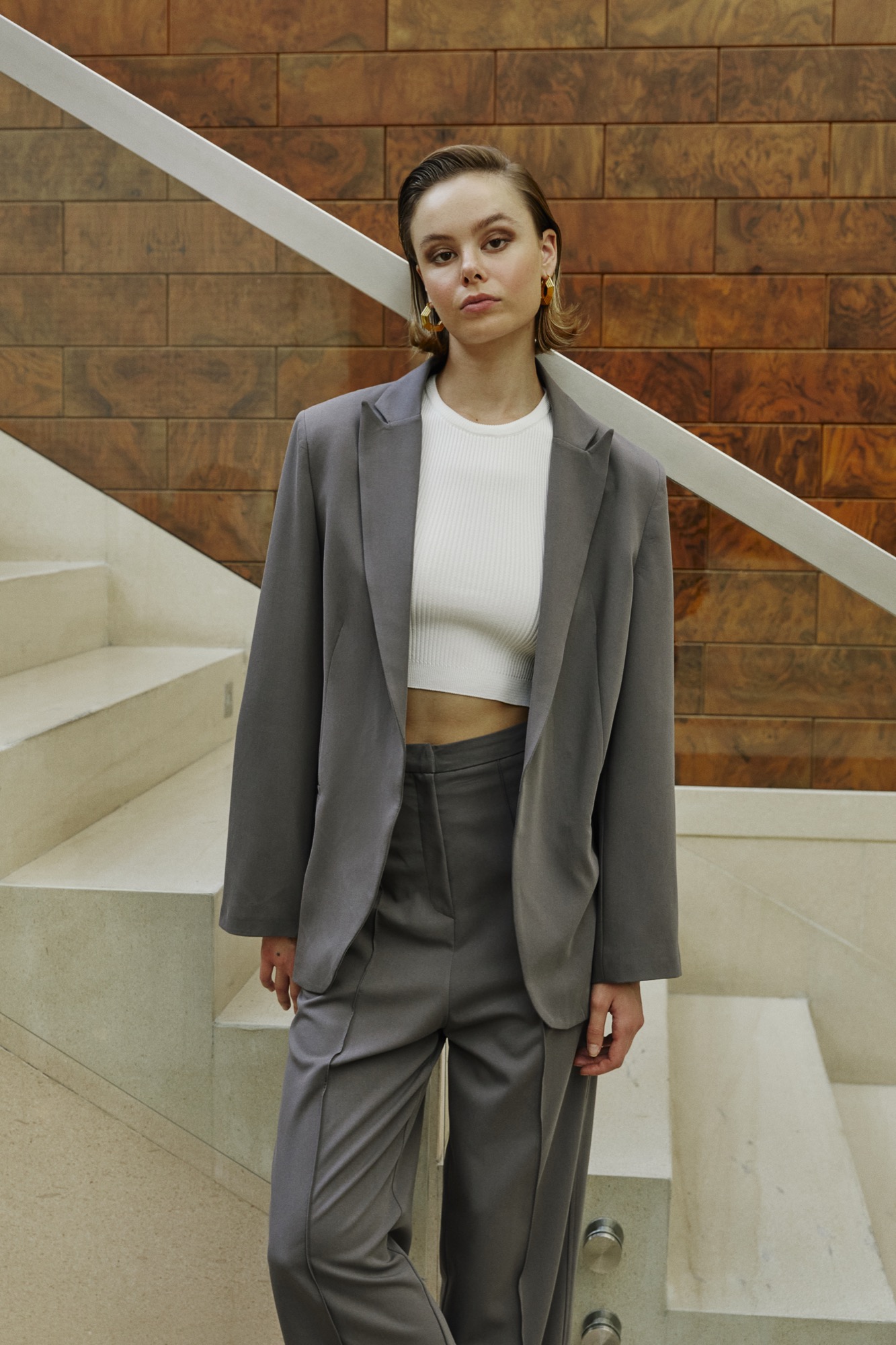Düğmesiz Düz Kesim Blazer - Baggy Pantolon