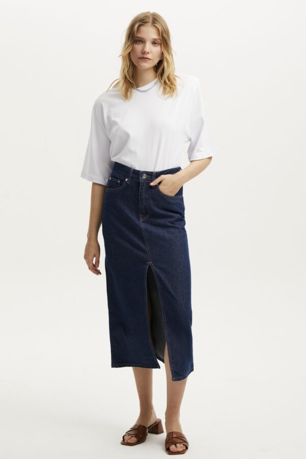 Önden Yırtmaçlı Midi Denim Etek